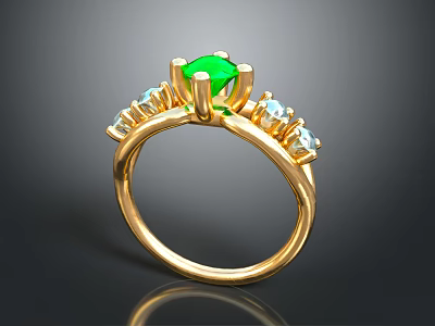 Luxurious Gold Ring With Central Green Gemstone And Blue Accent Gemstones 3d model