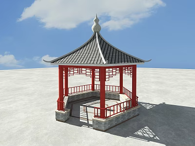 Traditional Chinese Pavilion With Red Pillars Black Tiled Roof And Blue Sky Background 3d model