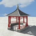 Traditional Chinese Pavilion With Red Pillars Black Tiled Roof And Blue Sky Background