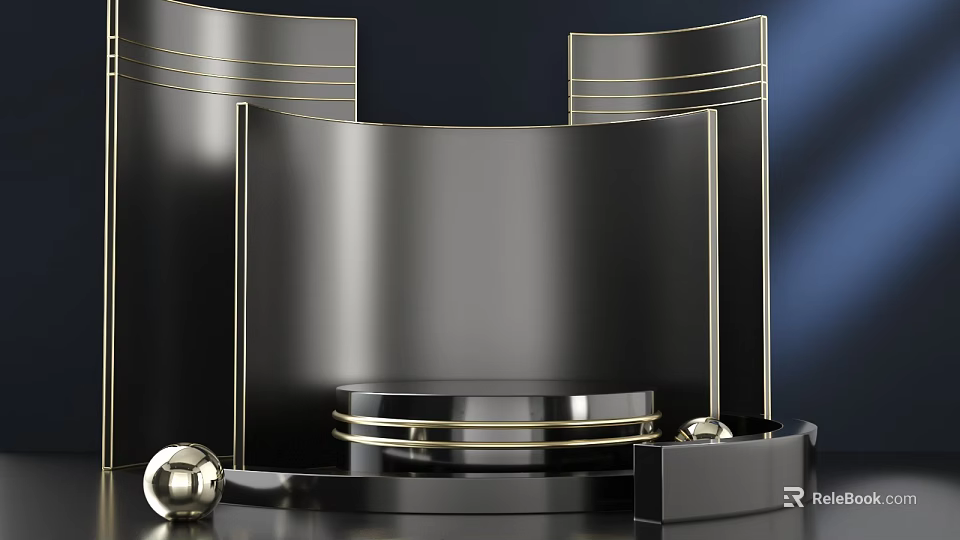 Black Commercial Equipment With Curved Panels Gold Lines Circular Platform And Sphere Decorations 3d model