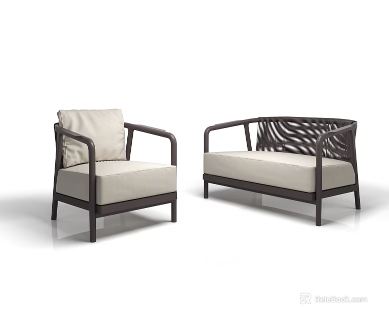 Modern Single and Two Seater Sofa Set With Dark Frame Light Cushions and Striped Backrest 3d model