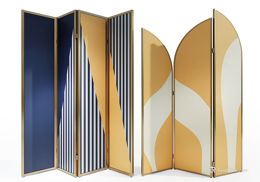Modern Room Divider Design With Gold Frame Blue Panels Black White Stripes And Cream Curves 3d model 