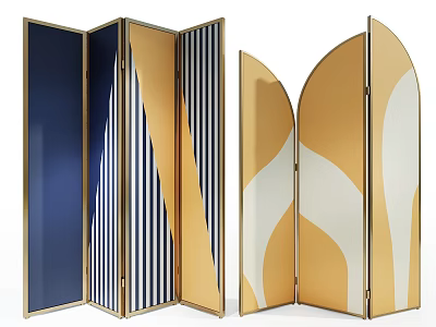 Modern Room Divider Design With Gold Frame Blue Panels Black White Stripes And Cream Curves 3d model