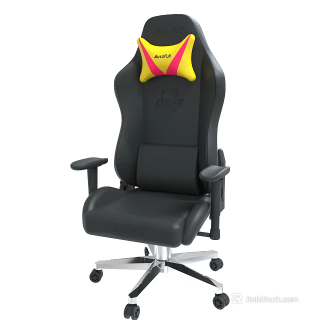 Black Leather Gaming Chair With Yellow Red Cushion And Adjustable Features 3d model 