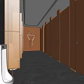 Modern Public Restroom Interior With Brown Stall Doors Gray Marble Floor And Gender Signs