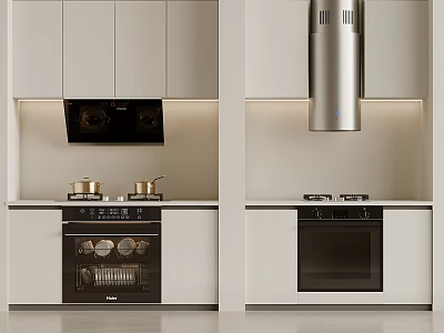 Modern Kitchen Appliances With Black Silver Range Hood Gas Stove Oven And Cabinets 3d model