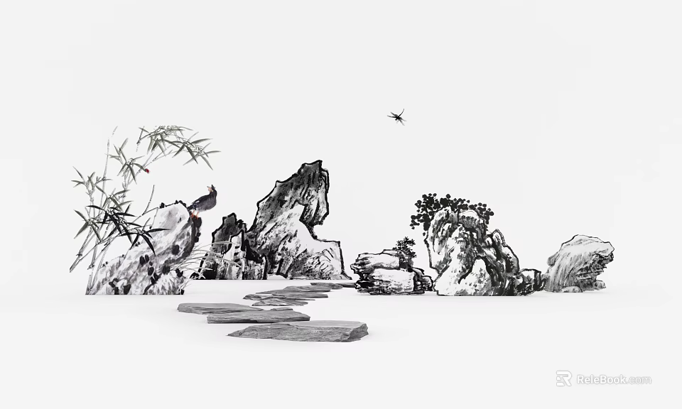 Ink Painting Style Window Display with Bamboo Rocks Stone Path and Dragonfly 3d model 