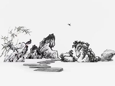 Ink Painting Style Window Display with Bamboo Rocks Stone Path and Dragonfly 3d model