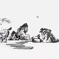 Ink Painting Style Window Display with Bamboo Rocks Stone Path and Dragonfly