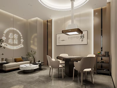 Elegant Modern Mahjong Room Interior Design With Mahjong Table Chairs Sofa And Decorative Painting 3d model