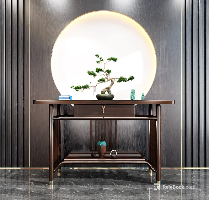 Elegant Modern Entryway Console Table With Round Backdrop Bonsai Books And Decorative Items 3d model