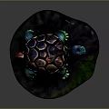 Vibrant Turtle Figurine With Colorful Shell Green Limbs And Head On Rock With Green Moss