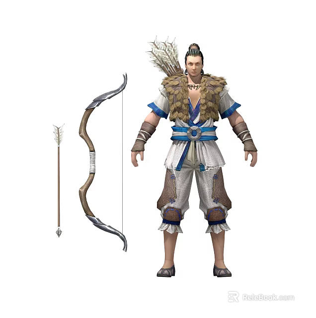 Man In Traditional Outfit With Feather Decoration Holding Bow And Arrow 3d model 