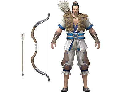 Man In Traditional Outfit With Feather Decoration Holding Bow And Arrow 3d model