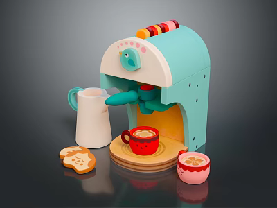 Toy Smart Coffee Machine With Blue Body Colorful Stripes Milk Jug Coffee Cups And Cookies 3d model