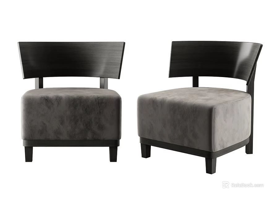 Modern Single Sofa With Dark Wood Frame And Gray Plush Fabric Cushion 3d model 