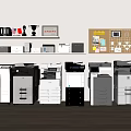 Modern Office Appliances With Printers Copiers Shelves Trophies And Bulletin Board