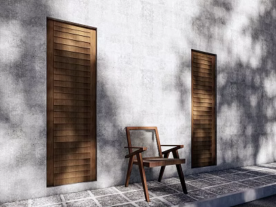 Wooden Outdoor Chair Against Gray Wall With Wooden Shutters Stone Tiles And Tree Shadows 3d model