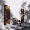 Wooden Outdoor Chair Against Gray Wall With Wooden Shutters Stone Tiles And Tree Shadows