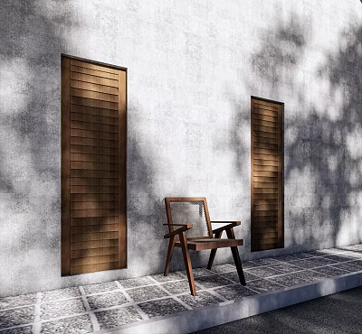 Wooden Outdoor Chair Against Gray Wall With Wooden Shutters Stone Tiles And Tree Shadows 3d model