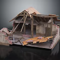 Dilapidated Building With Collapsed Roof Exposed Wooden Beams Broken Brick Walls And Floor Debris