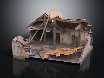 Dilapidated Building With Collapsed Roof Exposed Wooden Beams Broken Brick Walls And Floor Debris 3d model