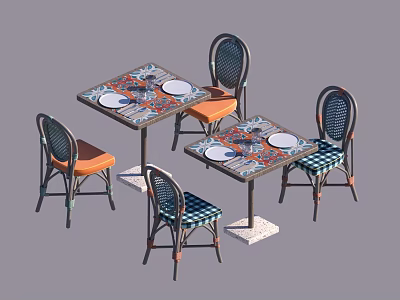 Vintage Style Dining Set With Two Patterned Tables And Four Woven Back Chairs With Colorful Seats 3d model