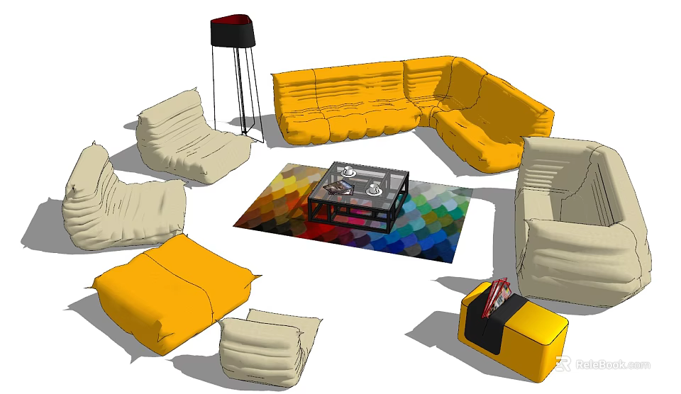 Yellow L shaped Sofa and Modern Coffee Table Set with Colorful Geometric Rug and Ottoman 3d model 