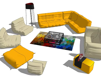 Yellow L shaped Sofa and Modern Coffee Table Set with Colorful Geometric Rug and Ottoman 3d model