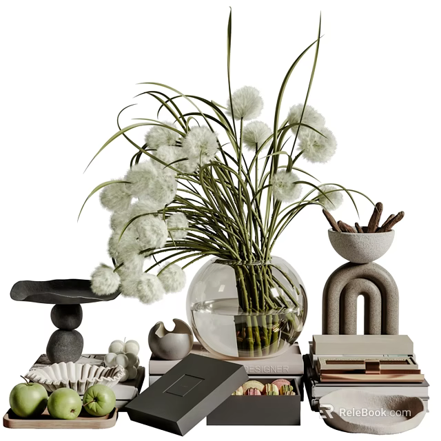 Decorative Ornament Set With White Flowers Transparent Vase Geometric Ornaments And Stacked Books 3d model 