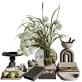 Decorative Ornament Set With White Flowers Transparent Vase Geometric Ornaments And Stacked Books