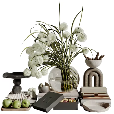 Decorative Ornament Set With White Flowers Transparent Vase Geometric Ornaments And Stacked Books 3d model