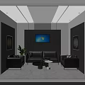 Modern Lounge Area With Black Sofa Armchairs Coffee Table TV Wall Art And Green Plant