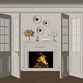 Elegant Folding Doors In Living Room With Fireplace Burning Fire Decorative Plates And Candlesticks