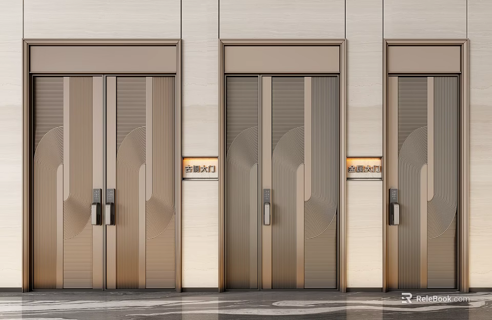Modern Residential Entrance Doors With Metallic Texture And Geometric Line Decorations 3d model 