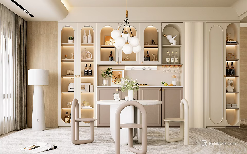 Elegant Modern Restaurant Interior With White Globe Chandelier Arched Cabinets Round Table And Modern Chairs 3d model 