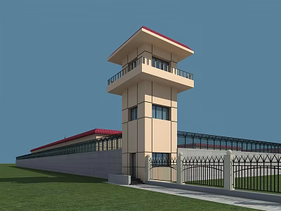 Beige Watch Tower With Red Roof Observation Deck Surrounding Fence And Green Lawn 3d model