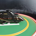 Modern Helicopter Parked On Green Helipad With Yellow Red Lines And Rotors