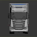 White Semi Trailer Truck With Blue Cargo Container And Reflective Surface