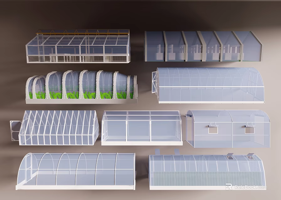 Various Greenhouse Structures With Different Shapes Arch Designs And Plant Features 3d model 