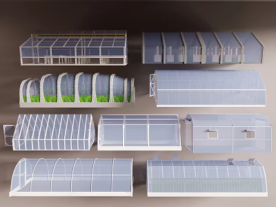 Various Greenhouse Structures With Different Shapes Arch Designs And Plant Features 3d model