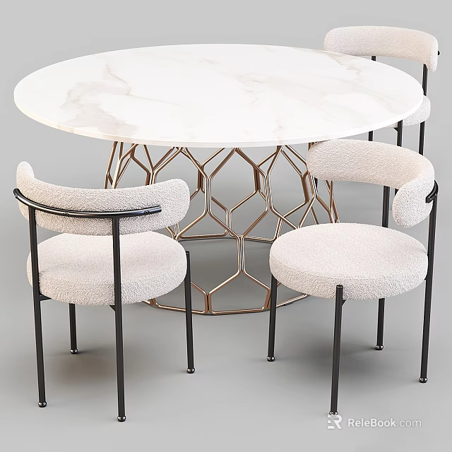 Dining Table Set with Round White Marble Tabletop Gold Geometric Base Black Frame White Chairs 3d model