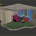 Miniature Room Model Interior With Brown Sofa Wooden Cabinet Table Lamp And Green Carpet