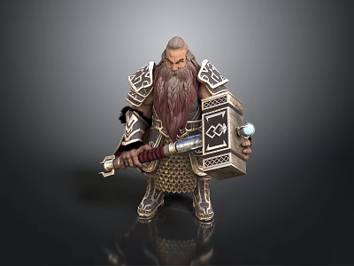 Man As Dwarf Warrior With Long Beard Wearing Detailed Armor Holding Large Hammer 3d model
