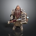 Man As Dwarf Warrior With Long Beard Wearing Detailed Armor Holding Large Hammer