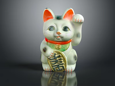 White Lucky Cat With Waving Paw Orange Ears Red Collar Green Decoration And Fortune Sign 3d model