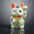 White Lucky Cat With Waving Paw Orange Ears Red Collar Green Decoration And Fortune Sign
