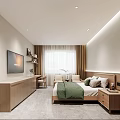 Hotel Room Interior with Twin Beds Green Pillows Wooden Wardrobes Bedside Tables and Window Curtains