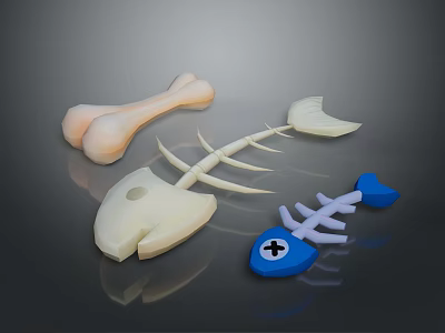 Various Food Bones Display With Meat Bones Fish Skeleton And Blue Cross Design 3d model