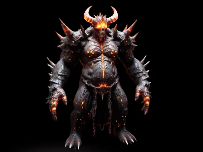 Horned Spiked Game And Movie Demon Character With Glowing Eyes Red Luminous Patterns 3d model